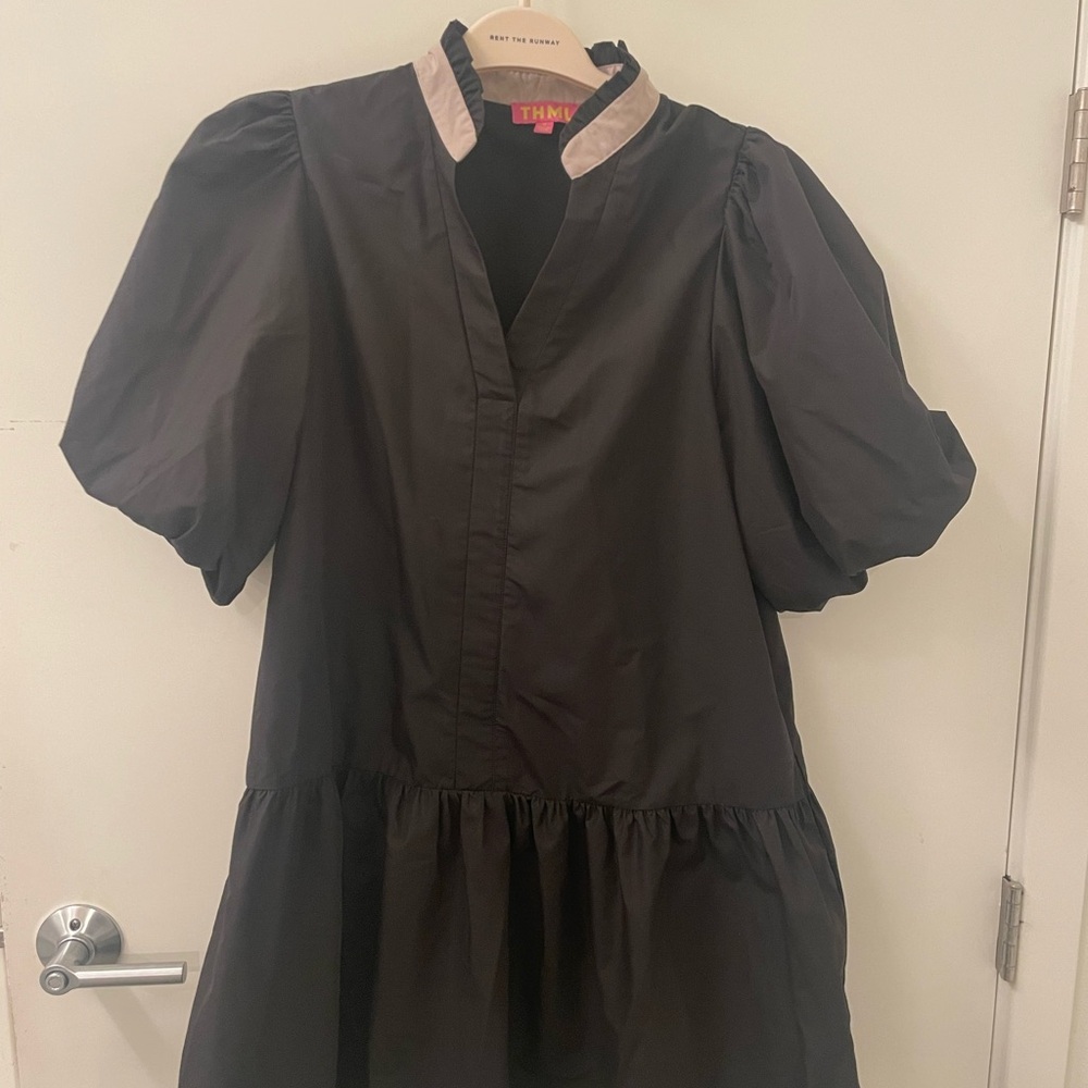 THML Black Puff Sleeve Blouse with Beige Collar